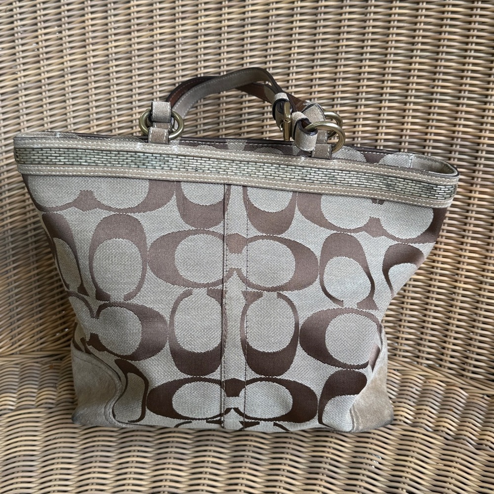 Coach Brown and Tan Signature Canvas Tote - Picture 6 of 13
